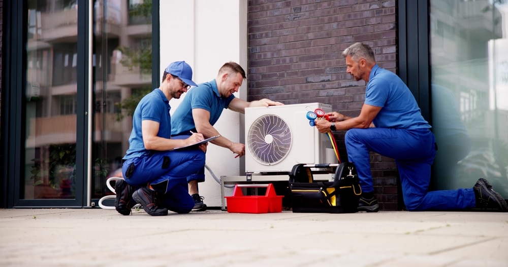 Experienced HVAC Technician Maintaining Commercial Air Conditioner 