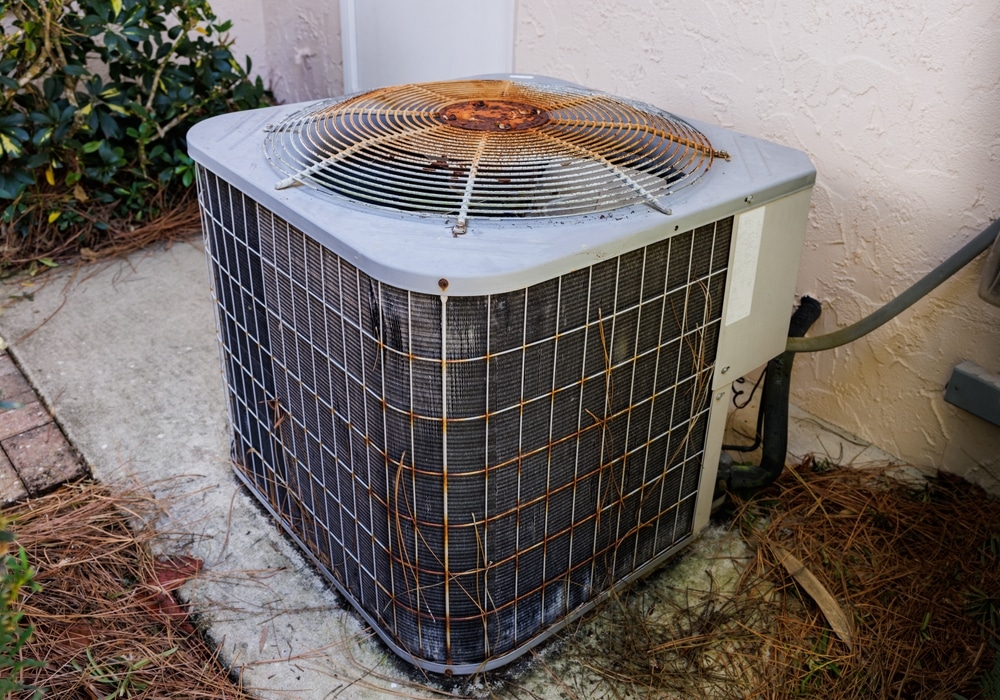 Old AC unit on concrete slab outside of house.