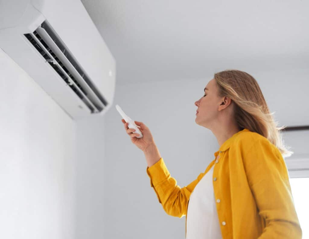 A view of a woman holding a remote standing in front of the AC