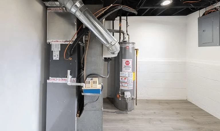 A view of furnace and water heater setup in a clean, modern utility room