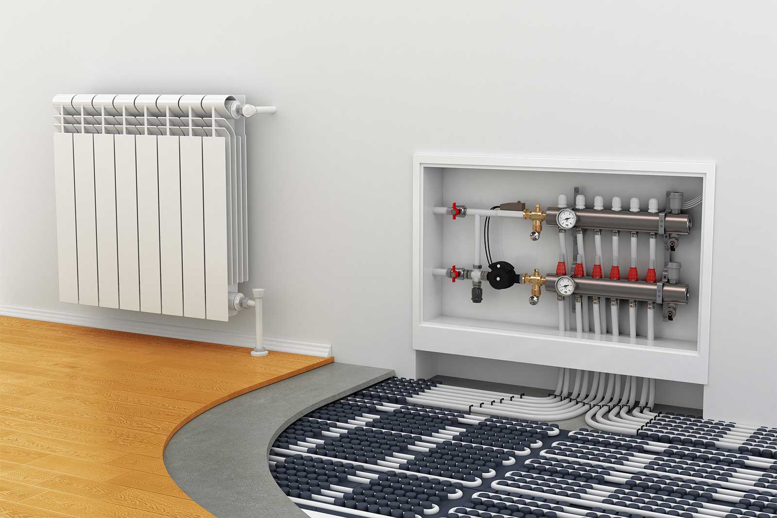 A view of hydronic heating system with underfloor radiant pipes and wall-mounted radiator