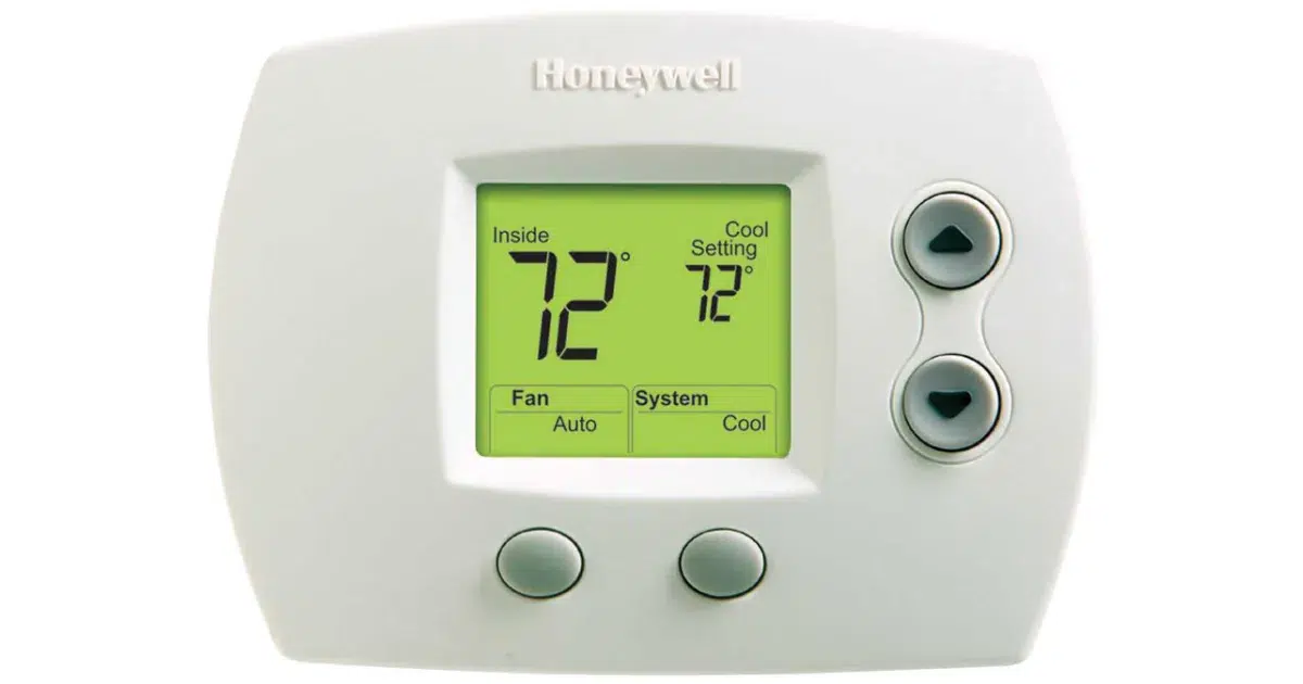 Honeywell digital thermostat displaying indoor temperature and cool setting at 72°F