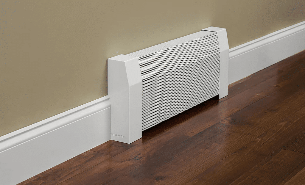 White baseboard heater cover with a modern design, placed against a wall on a dark wood floor