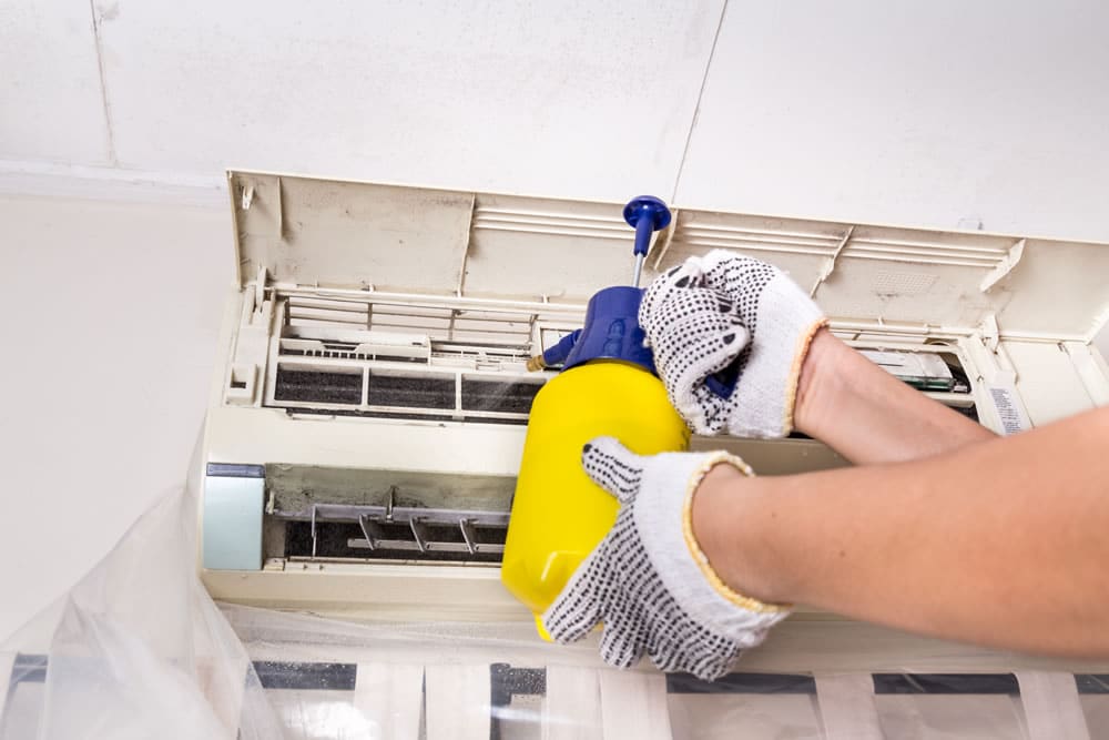 zoomed view of hands with gloves on spraying into the AC to remove mold