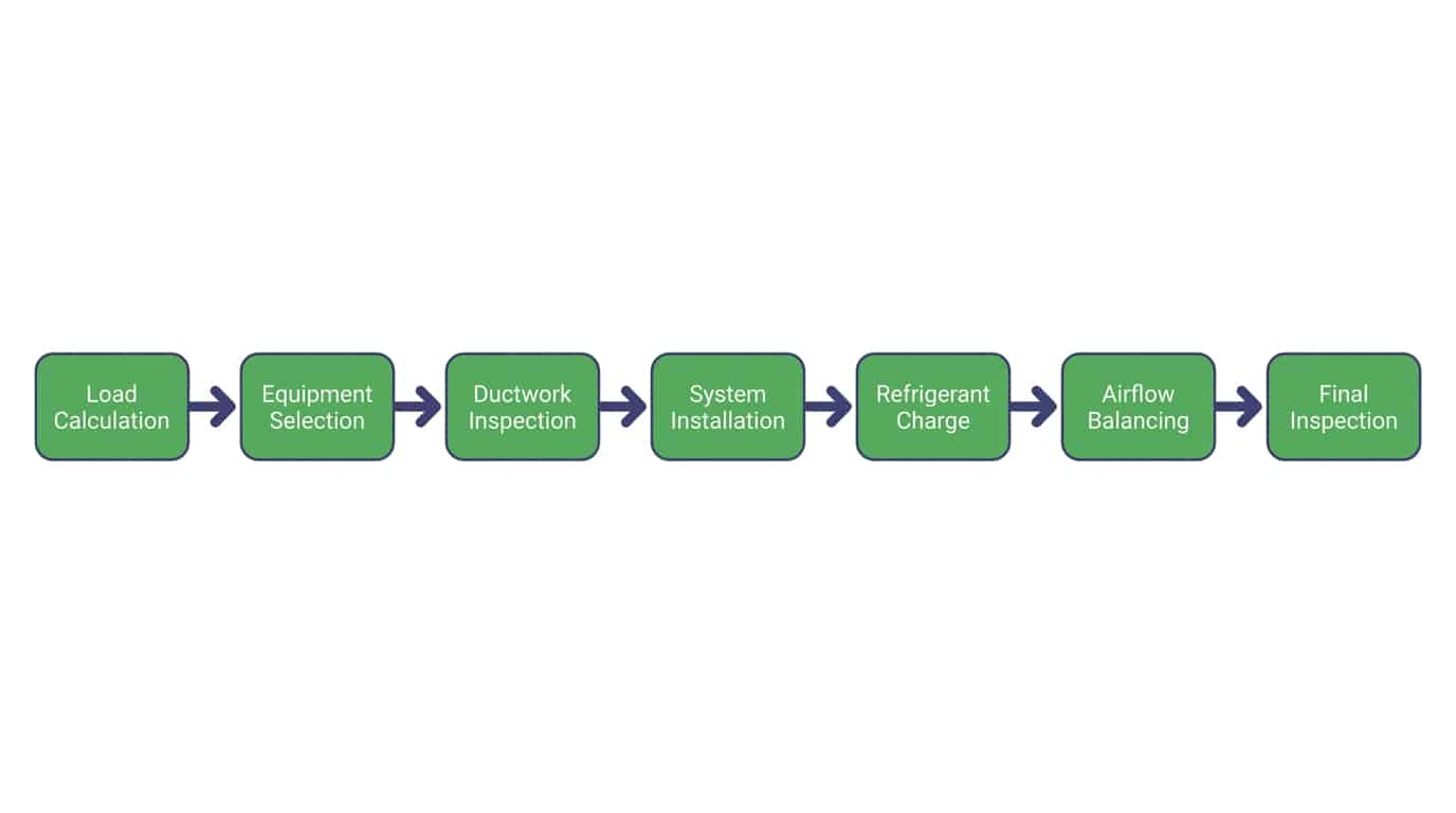 Diagram showing proper HVAC installation workflow from load calculation to final inspection