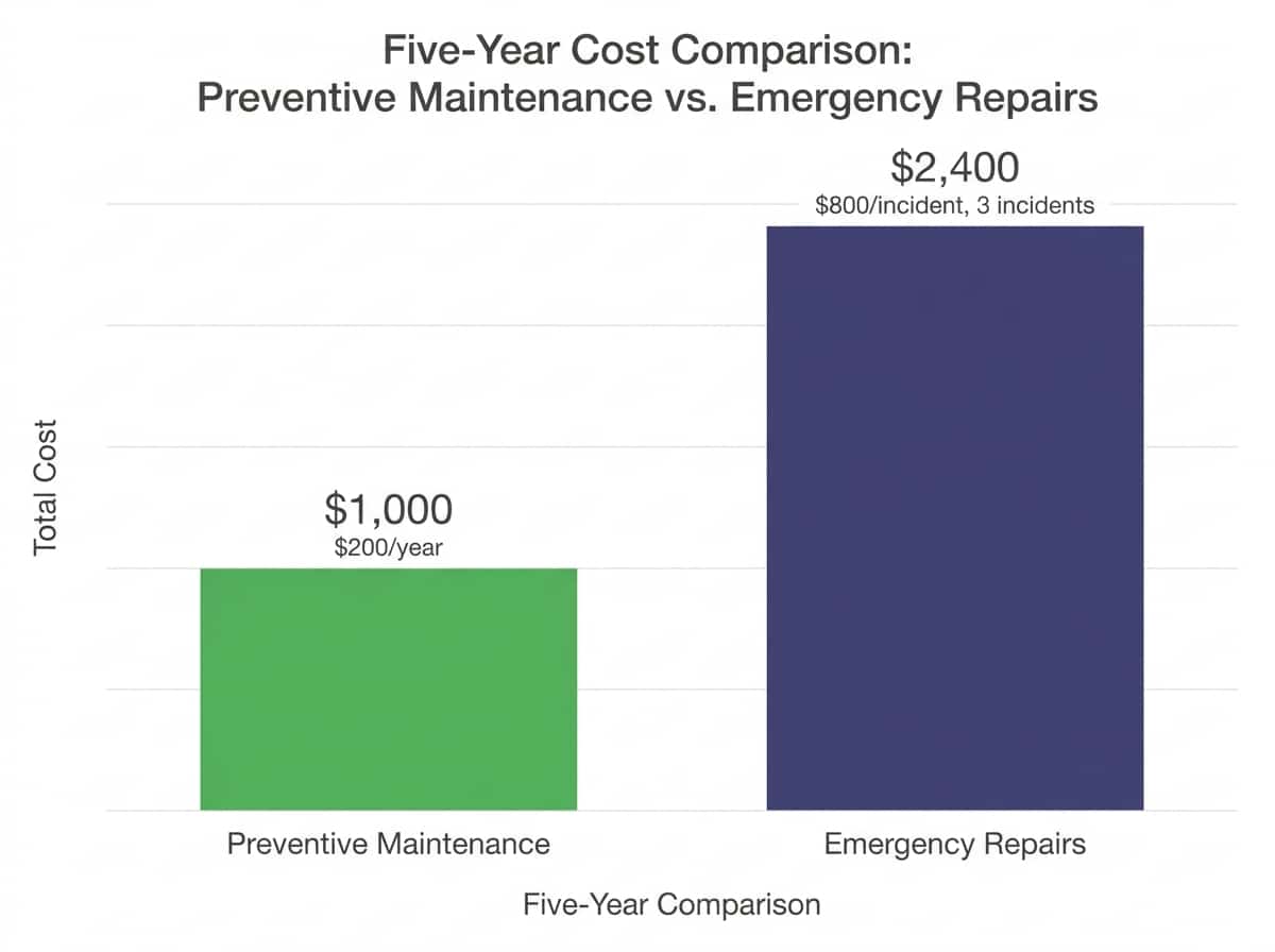 Bar chart comparing annual maintenance plan cost versus average emergency repair expenses over five years