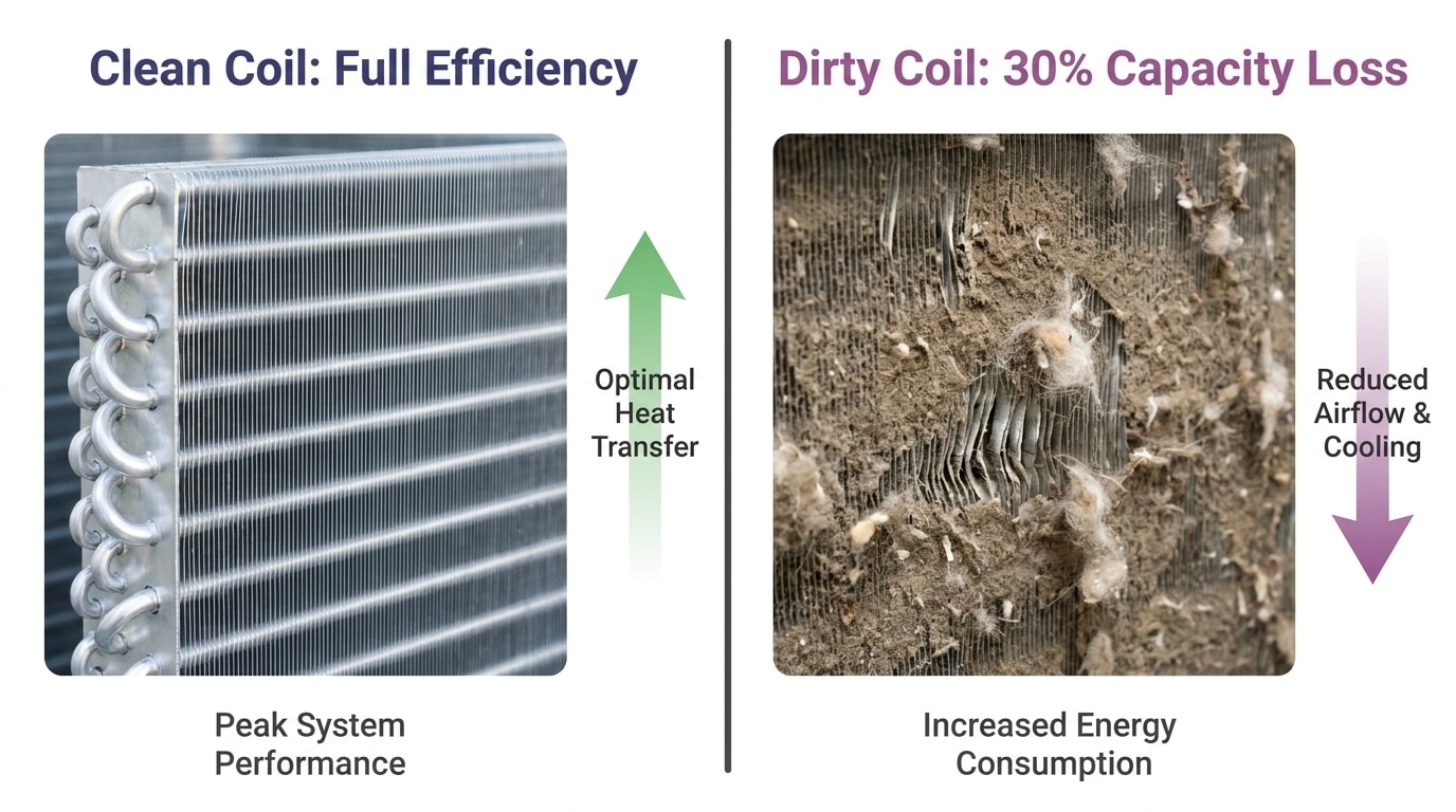 Close-up view of clean vs dirty HVAC coils side-by-side comparison