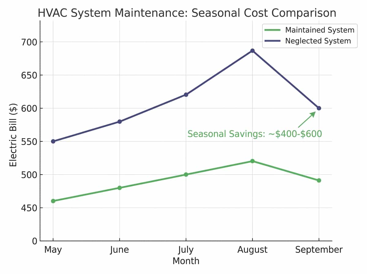 Line graph showing monthly energy cost comparison between maintained and neglected AC systems over cooling season