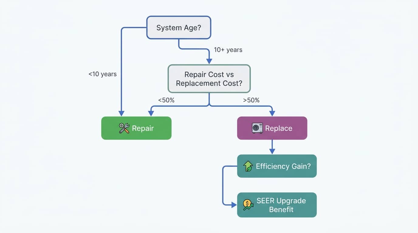 Flowchart showing repair vs replace decision tree based on system age and repair cost