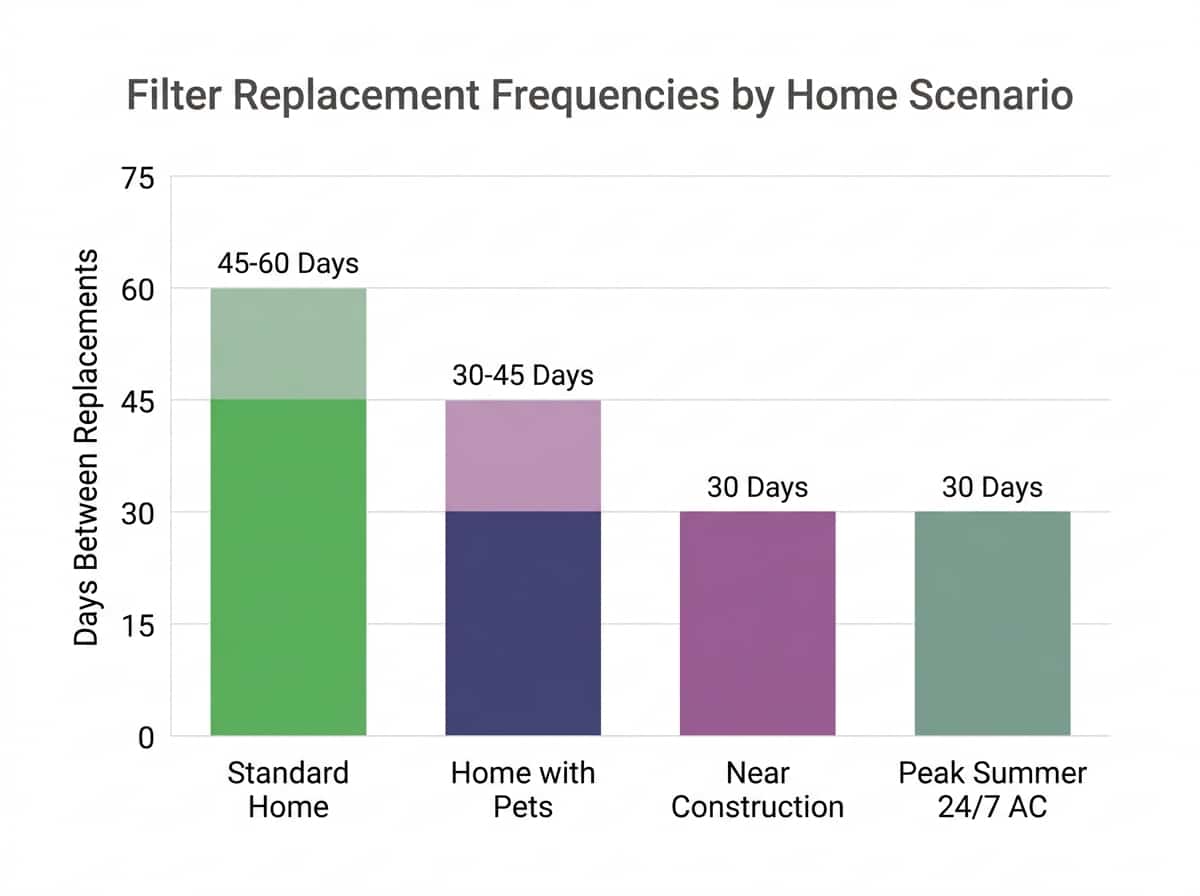 Calendar-style chart showing recommended filter replacement schedule across different home types and seasons in Arizona