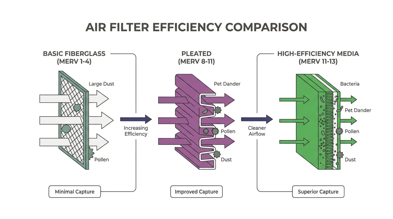 Diagram showing different filter types and their MERV ratings, with airflow arrows and particle capture illustrations