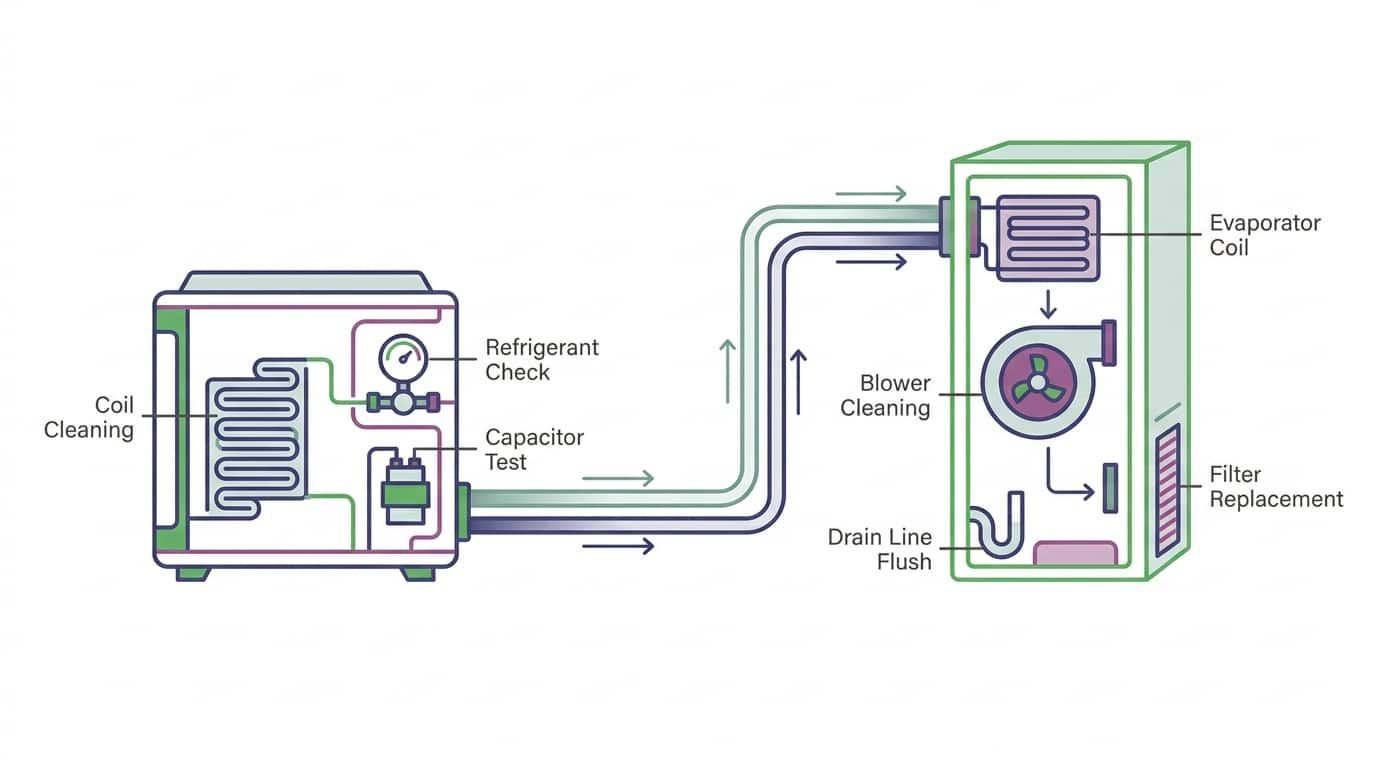 A cutaway diagram of a residential split HVAC system showing outdoor condenser and indoor air handler with labeled maintenance points