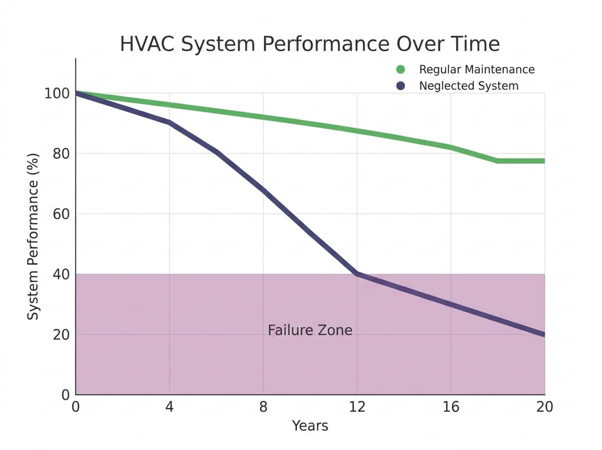 A line graph showing HVAC system lifespan over time comparing maintained versus neglected systems