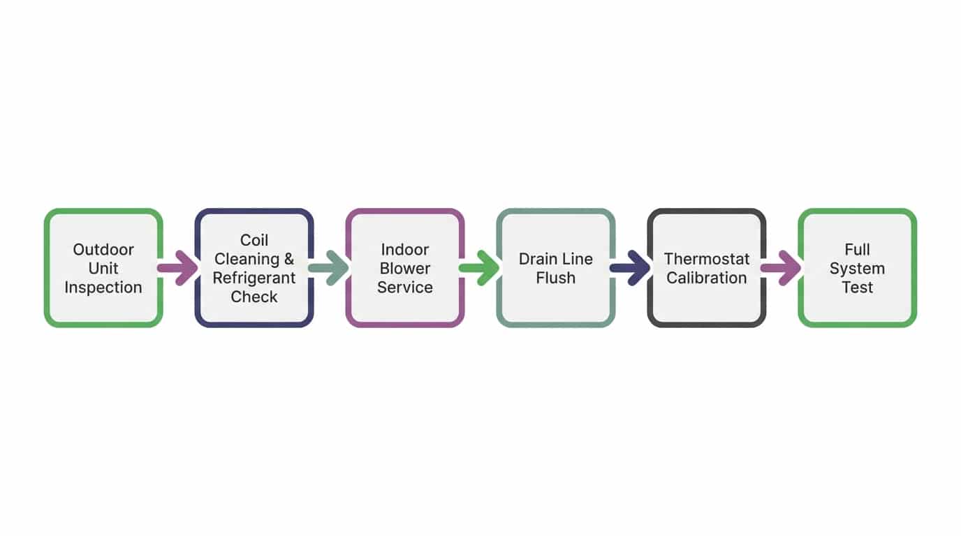 A flowchart showing the step-by-step sequence of a seasonal HVAC tune-up