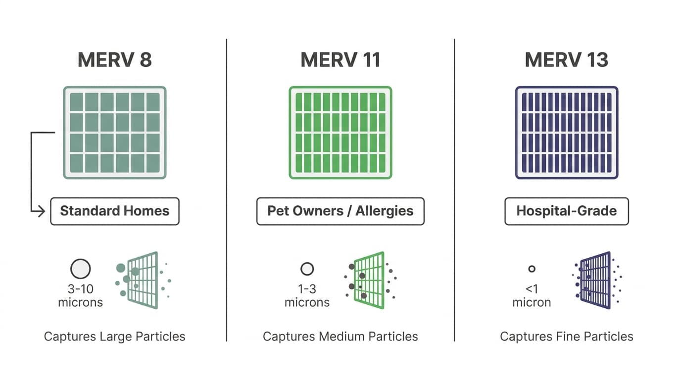 Comparison diagram showing MERV 8, 11, and 13 filters with particle size ranges and household applications