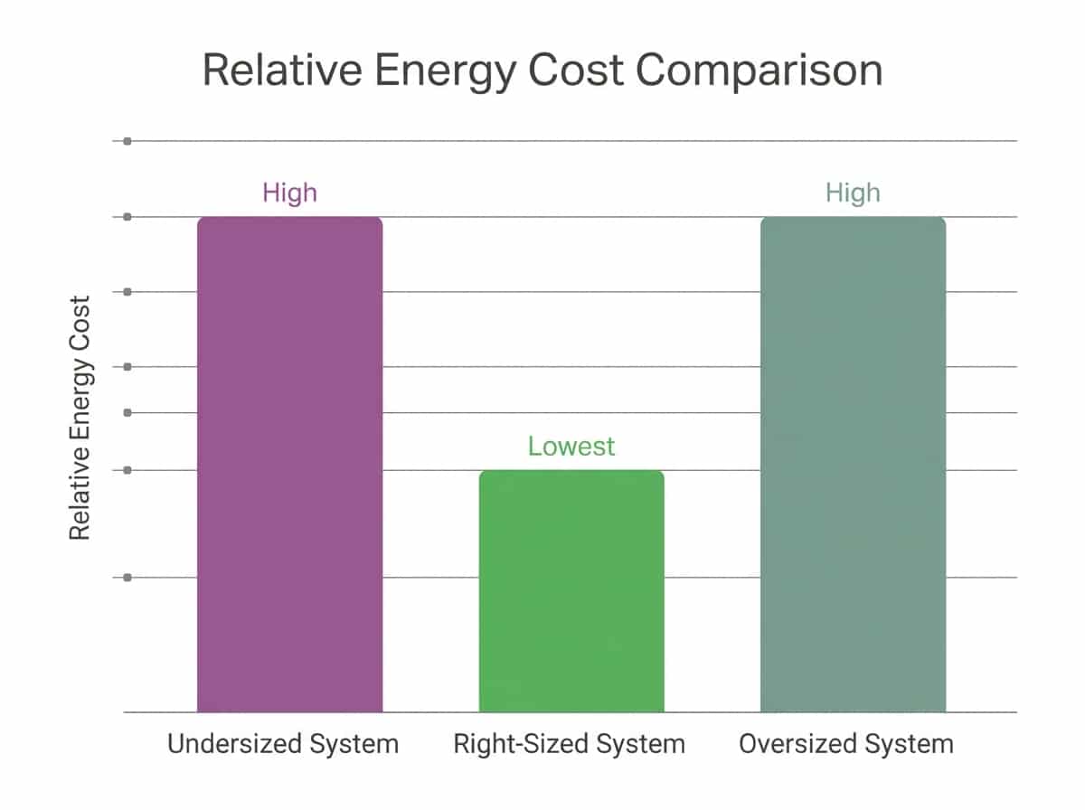 Bar chart comparing energy consumption of properly sized versus oversized and undersized AC systems over one Arizona summer