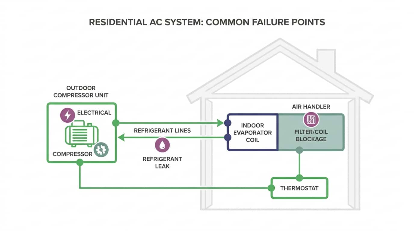 Diagram showing common AC system components and failure points