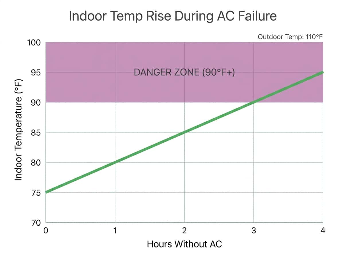 Chart showing indoor temperature rise timeline when AC fails in 110-degree outdoor heat