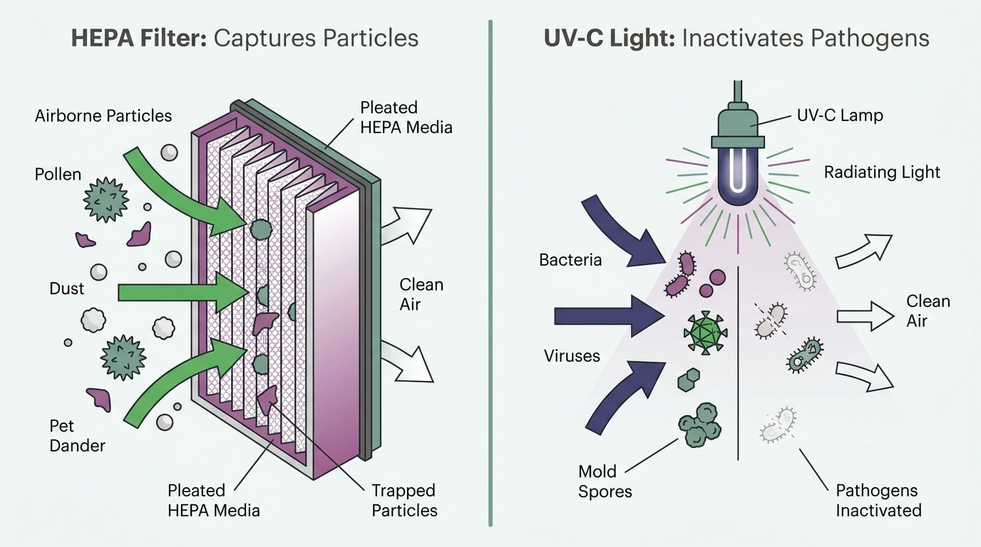 A side-by-side comparison diagram showing a HEPA filter capturing particles on the left and a UV-C lamp inactivating pathogens on the right, with simple icons and short labels