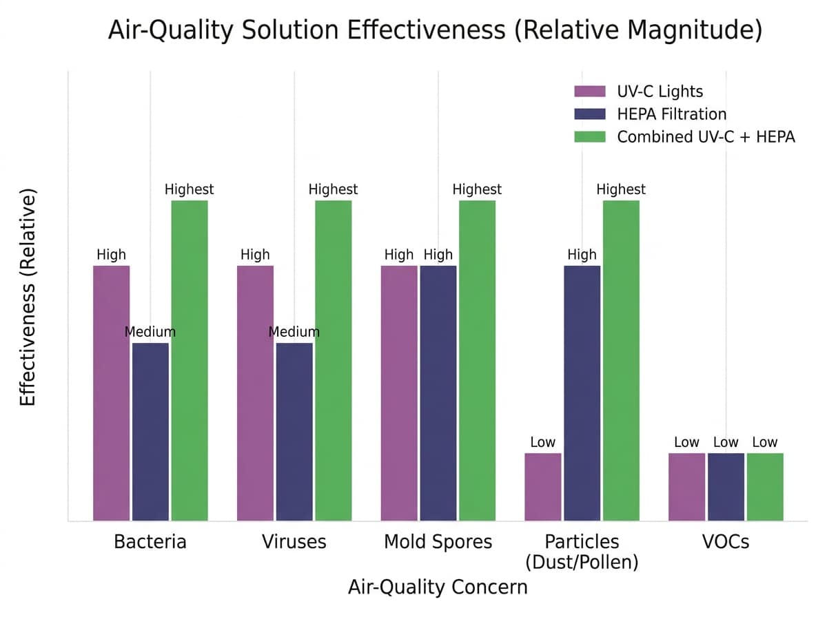 A line graph showing relative effectiveness of UV-C, HEPA filtration, and combined systems against different air-quality concerns: bacteria, viruses, mold, particles, VOCs