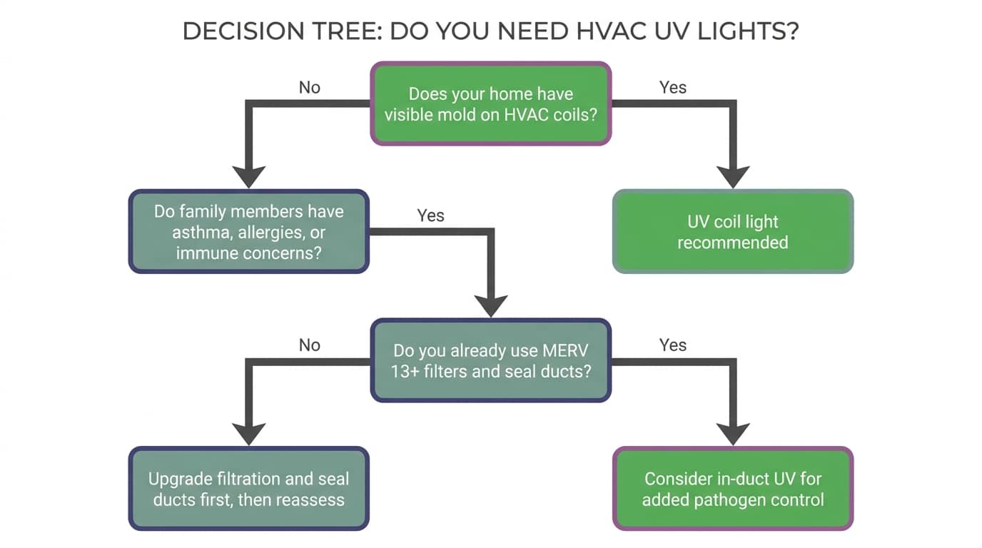 A flowchart showing a decision tree: Does your home have mold on coils? → Do family members have asthma or allergies? → Is your filtration already optimized? → Each branch leads to 'Consider UV' or 'Prioritize other upgrades first'