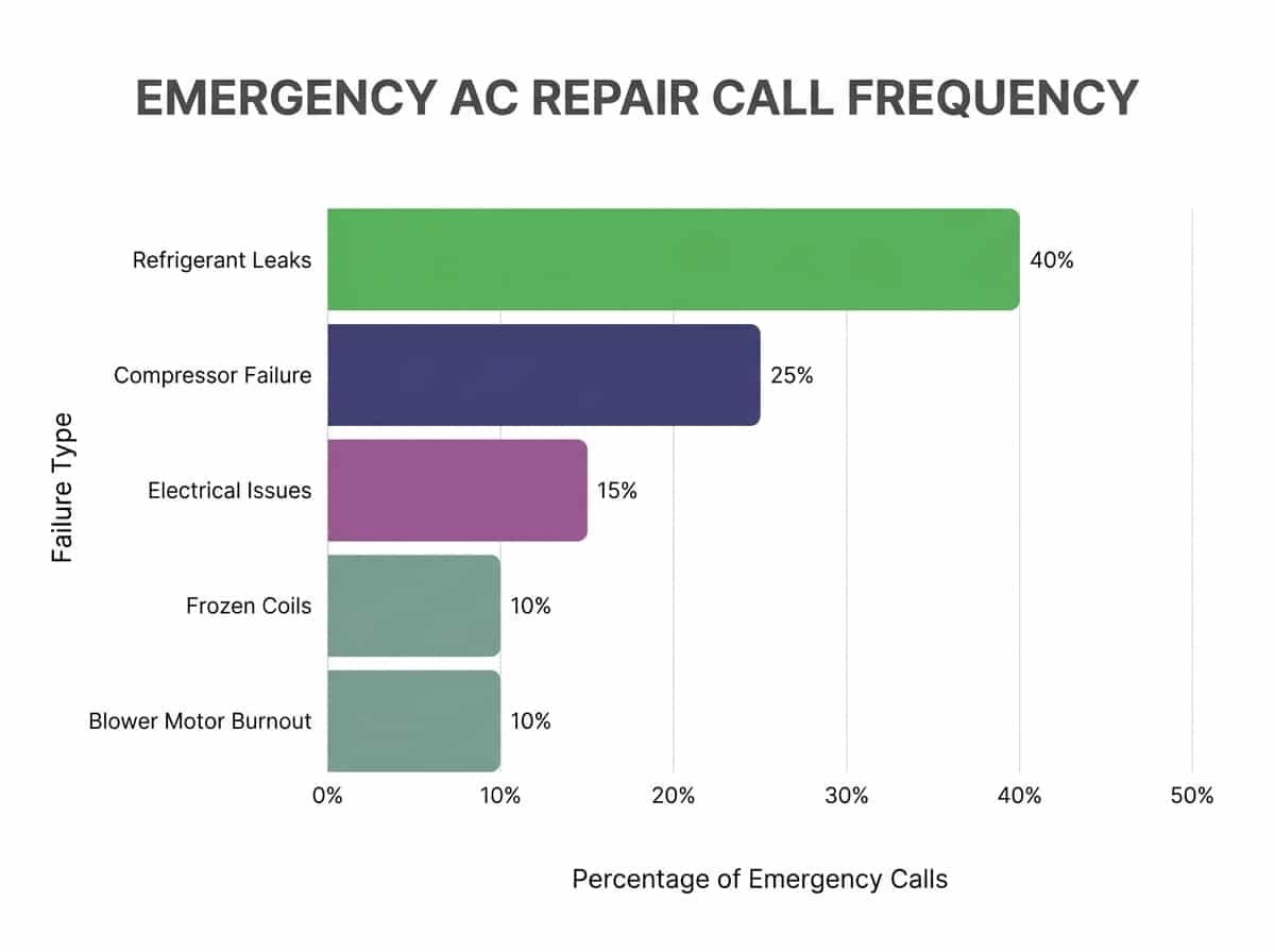 Bar chart comparing frequency of emergency AC failures: refrigerant leaks, compressor failure, electrical issues, frozen coils, blower motor burnout