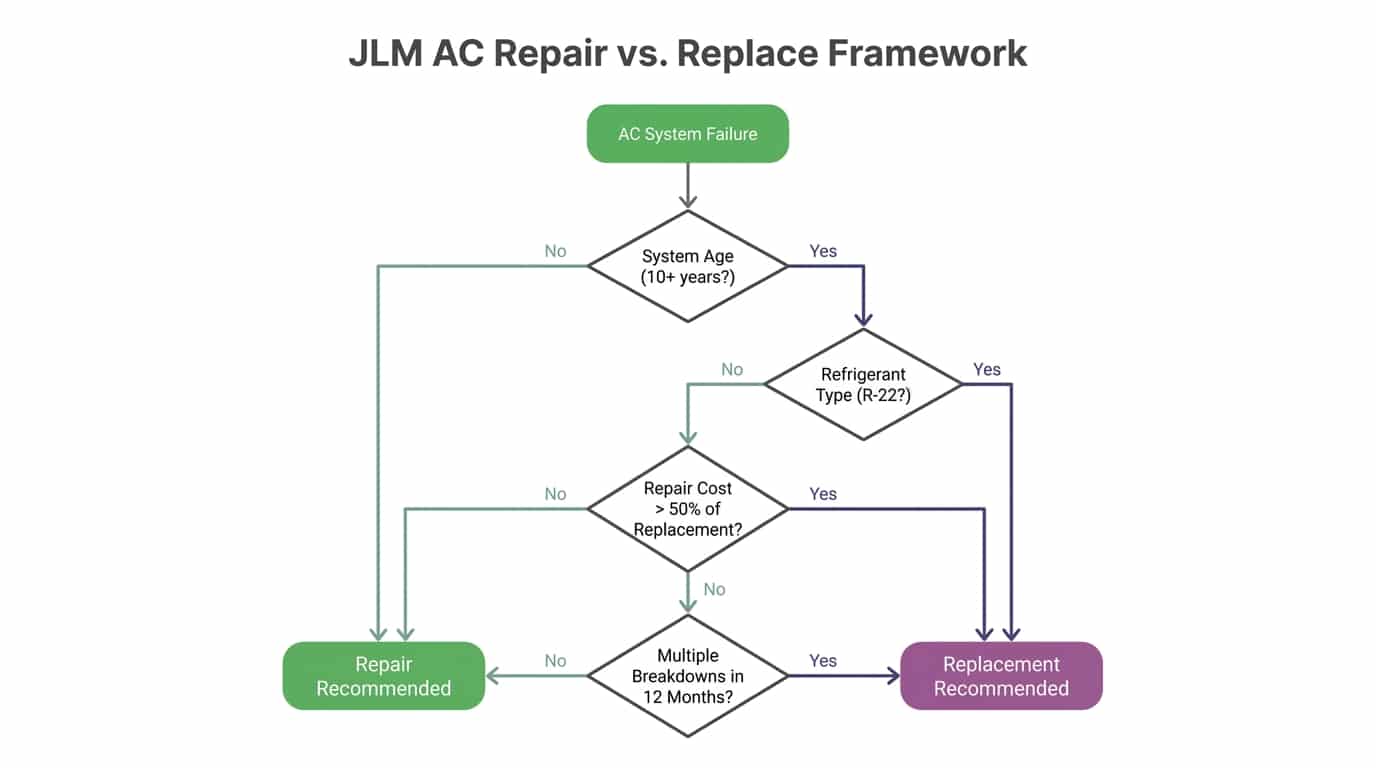 Decision flowchart: Repair vs. Replace Your AC System with system age, refrigerant type, breakdown frequency, 50% cost rule