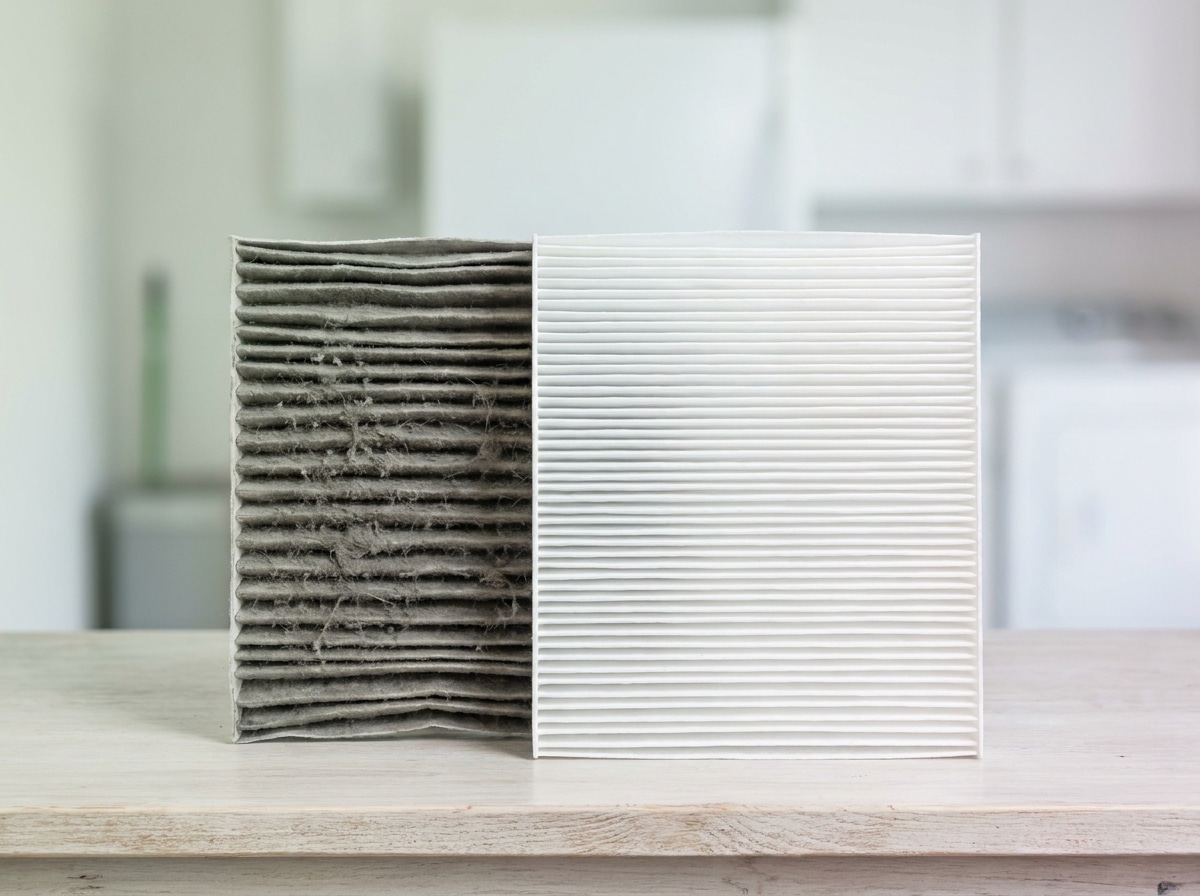Close-up of a clogged gray air filter next to a clean white replacement filter
