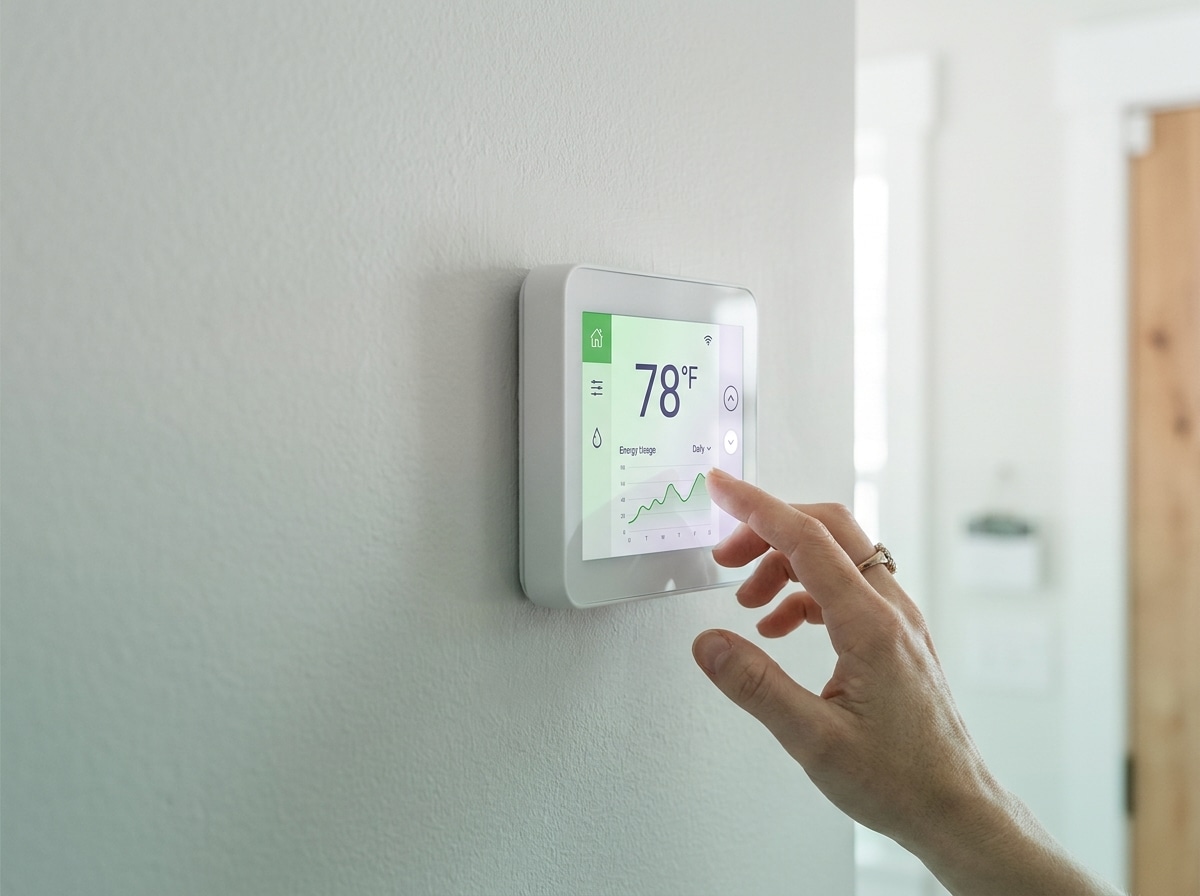 Modern smart thermostat mounted on wall displaying temperature and energy usage