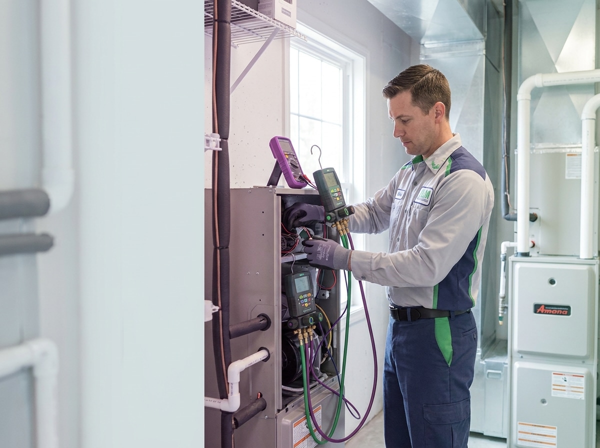 HVAC technician performing maintenance inspection on indoor air handler unit