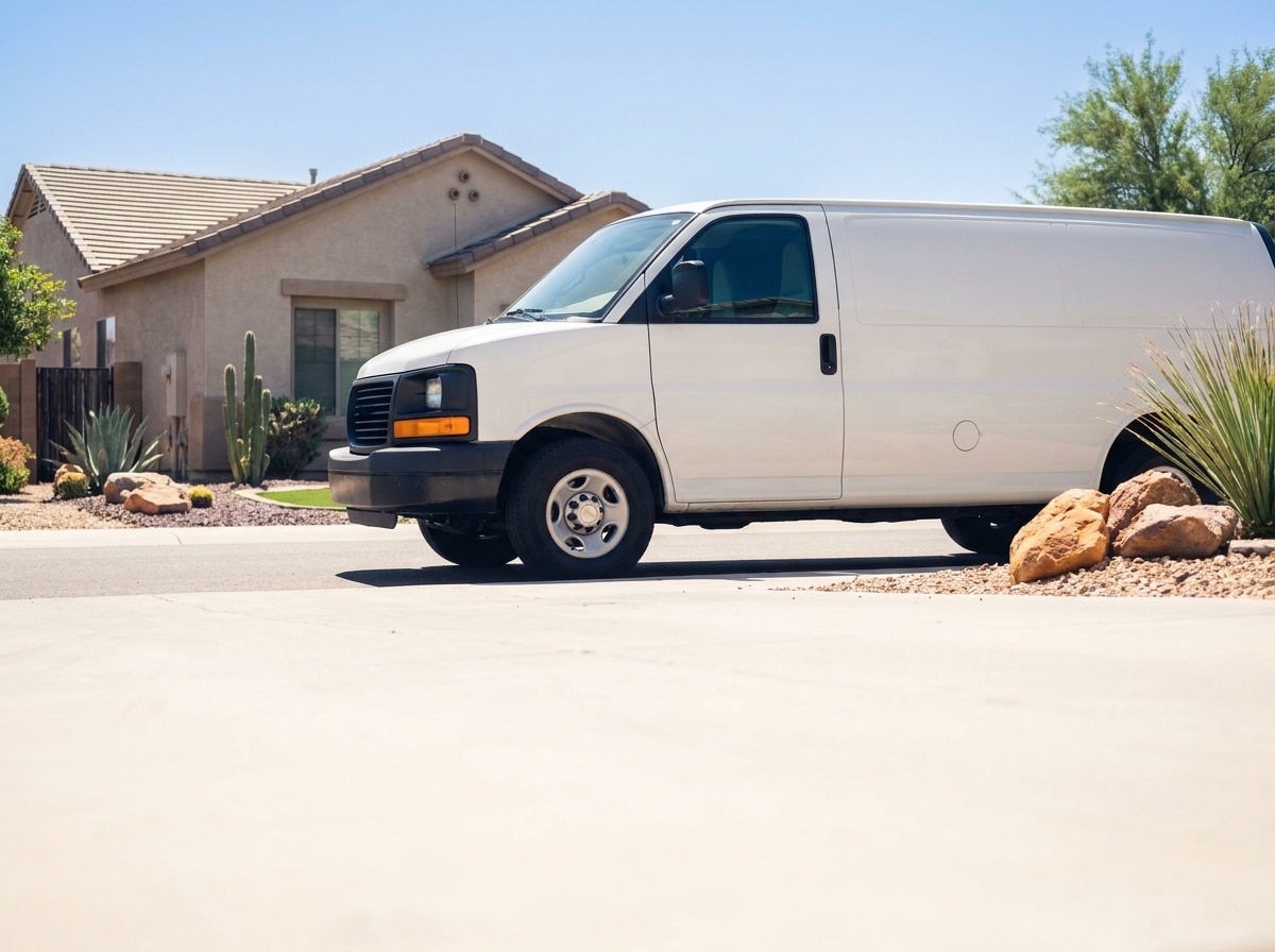 Friendly HVAC service truck parked in front of Arizona home