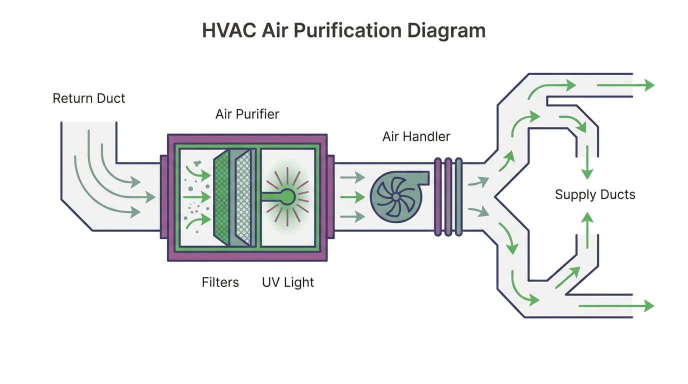 Diagram illustrating how a whole-home air purifier integrates with HVAC ductwork, showing air flow from return duct through filtration unit and back into living spaces