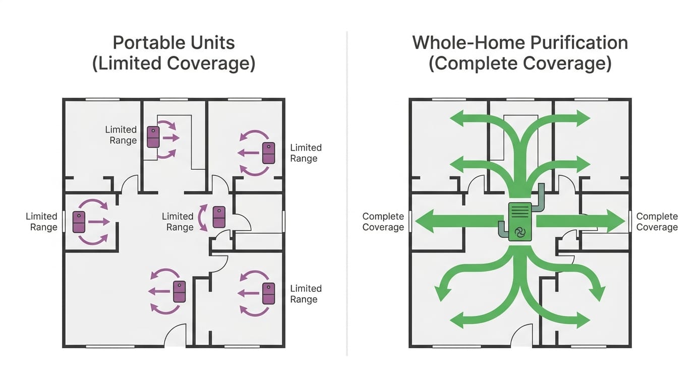 Comparison illustration showing side-by-side view of a home with portable air purifiers in individual rooms versus integrated whole-home HVAC air purification