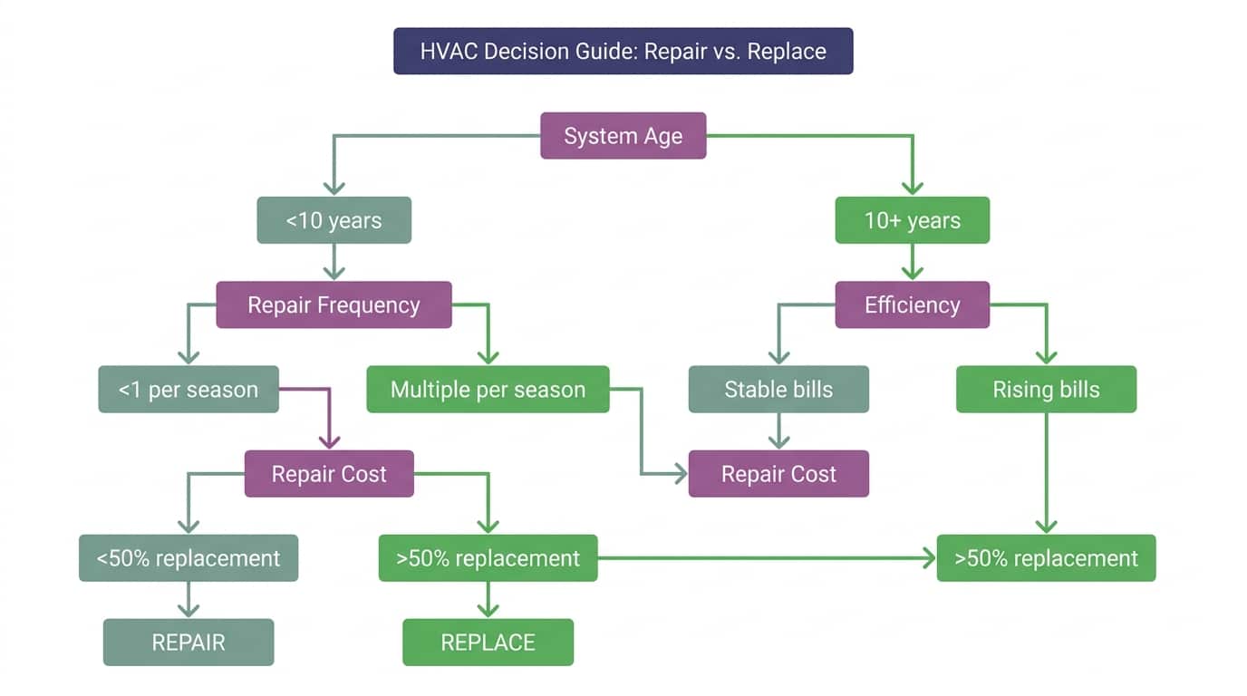 Decision flowchart for HVAC repair versus replacement