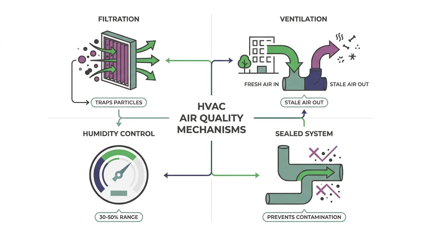 Diagram showing four HVAC air quality mechanisms: filtration, ventilation, humidity control, and duct integrity
