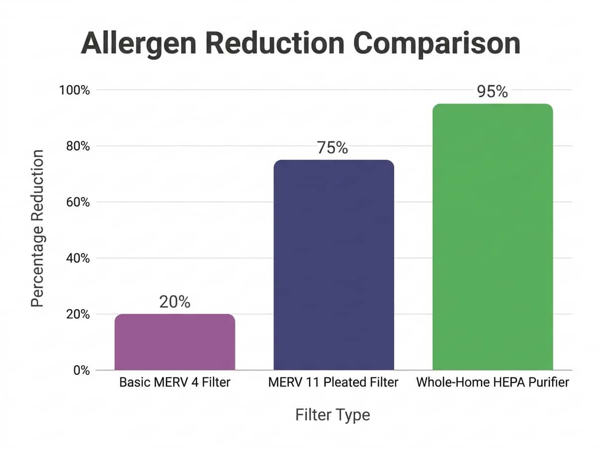 Comparison chart showing air quality improvement from basic filter vs MERV 11 vs whole-home purifier