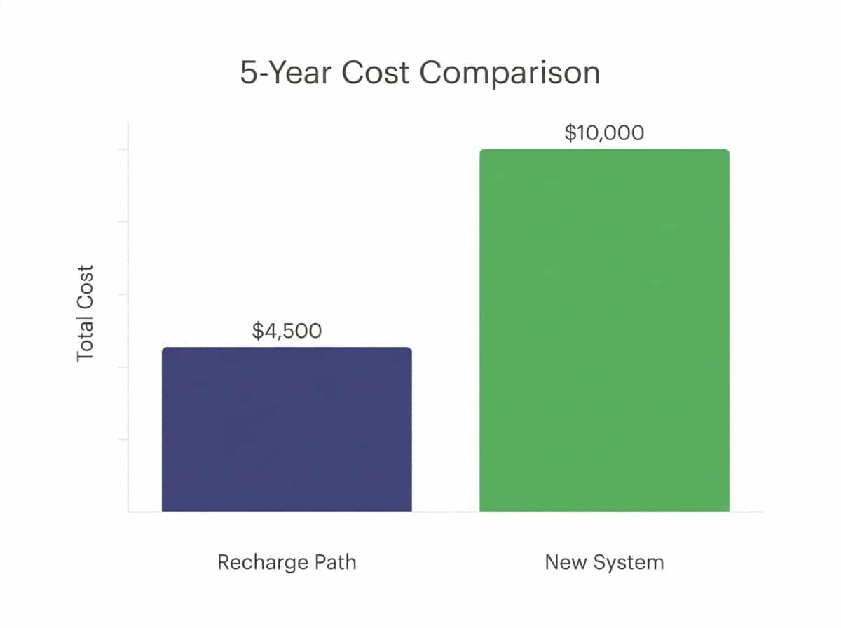 Cost comparison bar chart showing total 5-year expense of R-22 recharge path versus system replacement
