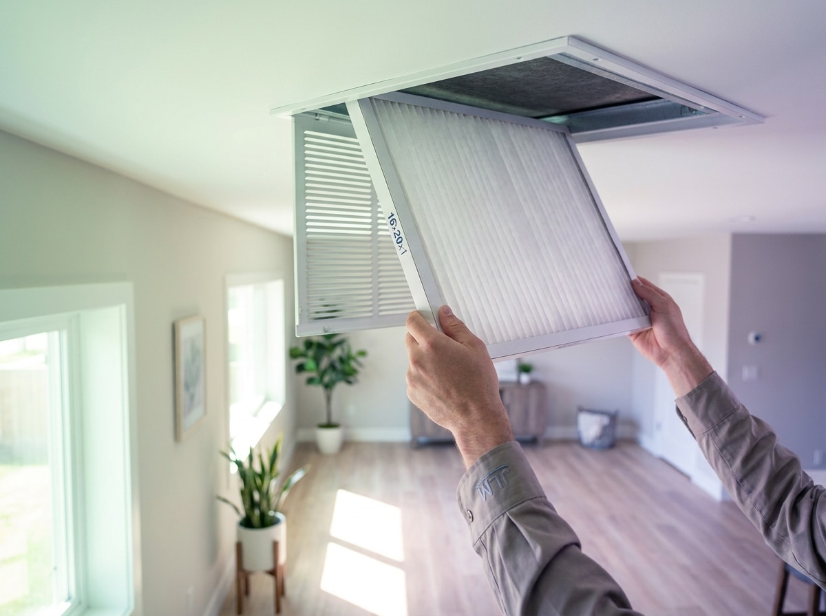 Homeowner replacing rectangular HVAC air filter in wall-mounted return vent inside bright Arizona home interior