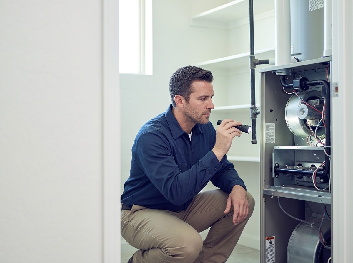 Technician with flashlight inspecting furnace heat exchanger inside residential HVAC closet with open access panel