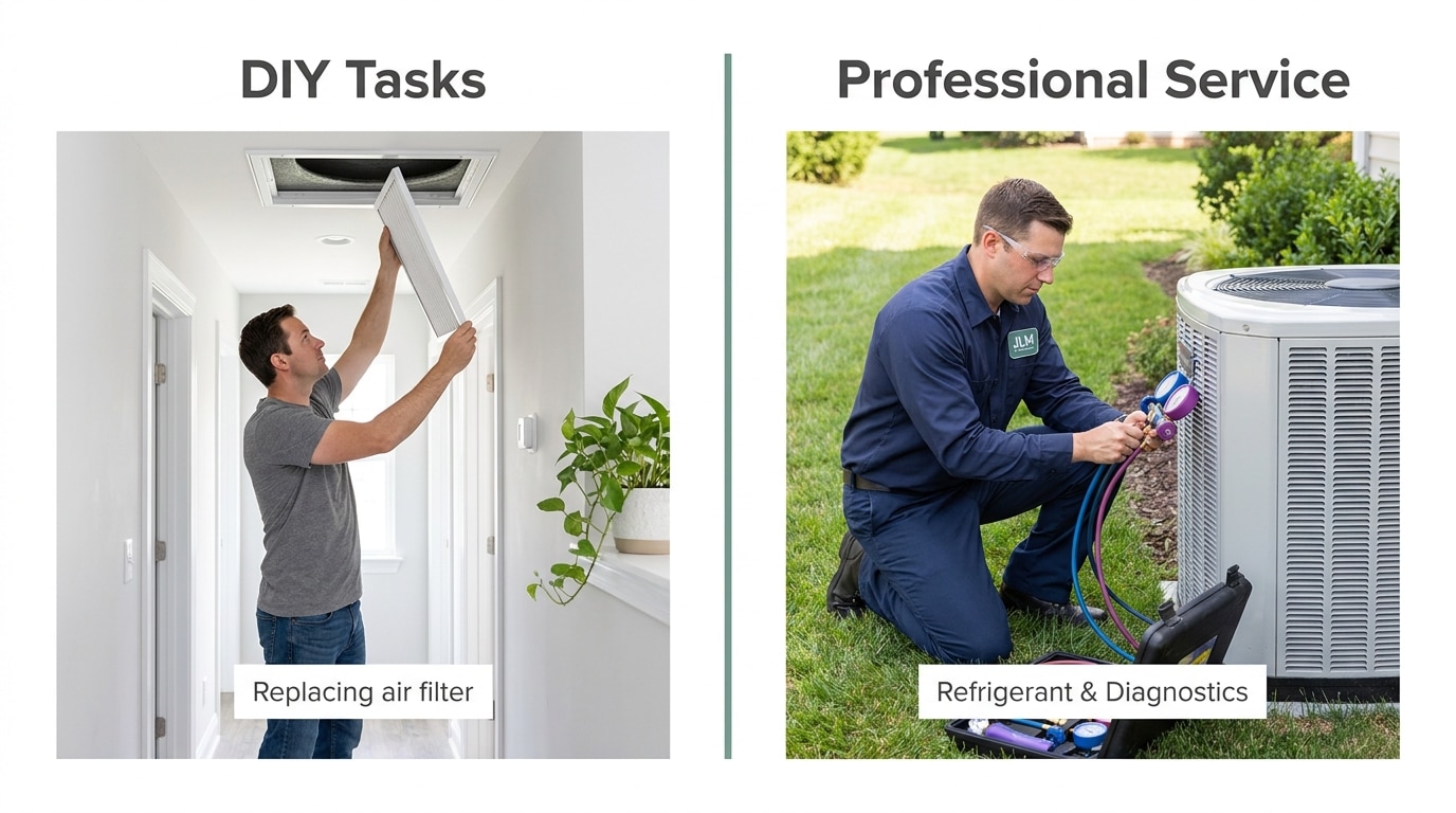 Comparison split-screen showing homeowner changing filter on left and HVAC technician using gauges on refrigerant lines on right