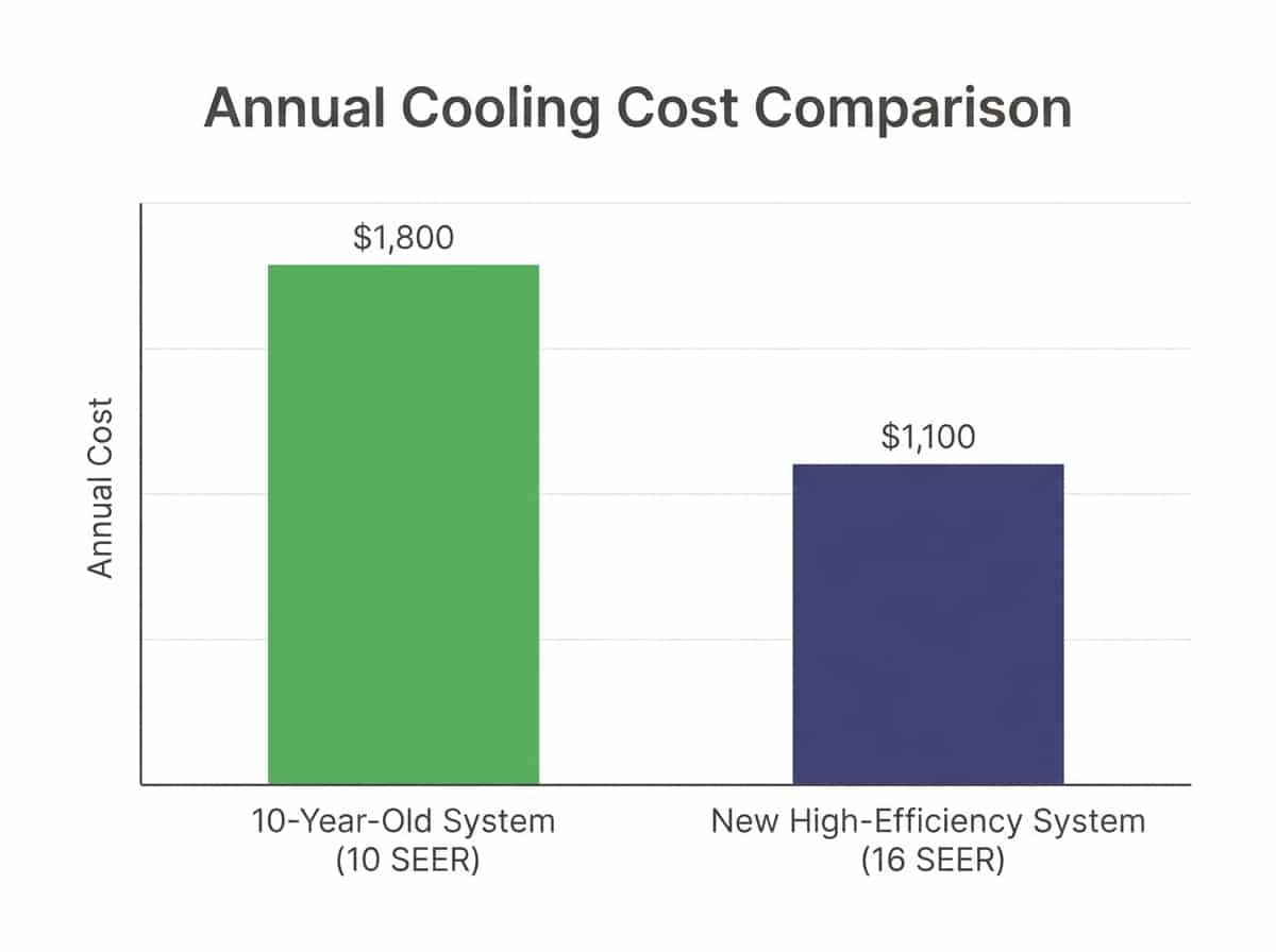 Bar chart comparing annual energy costs of 10-year-old vs new high-efficiency AC system