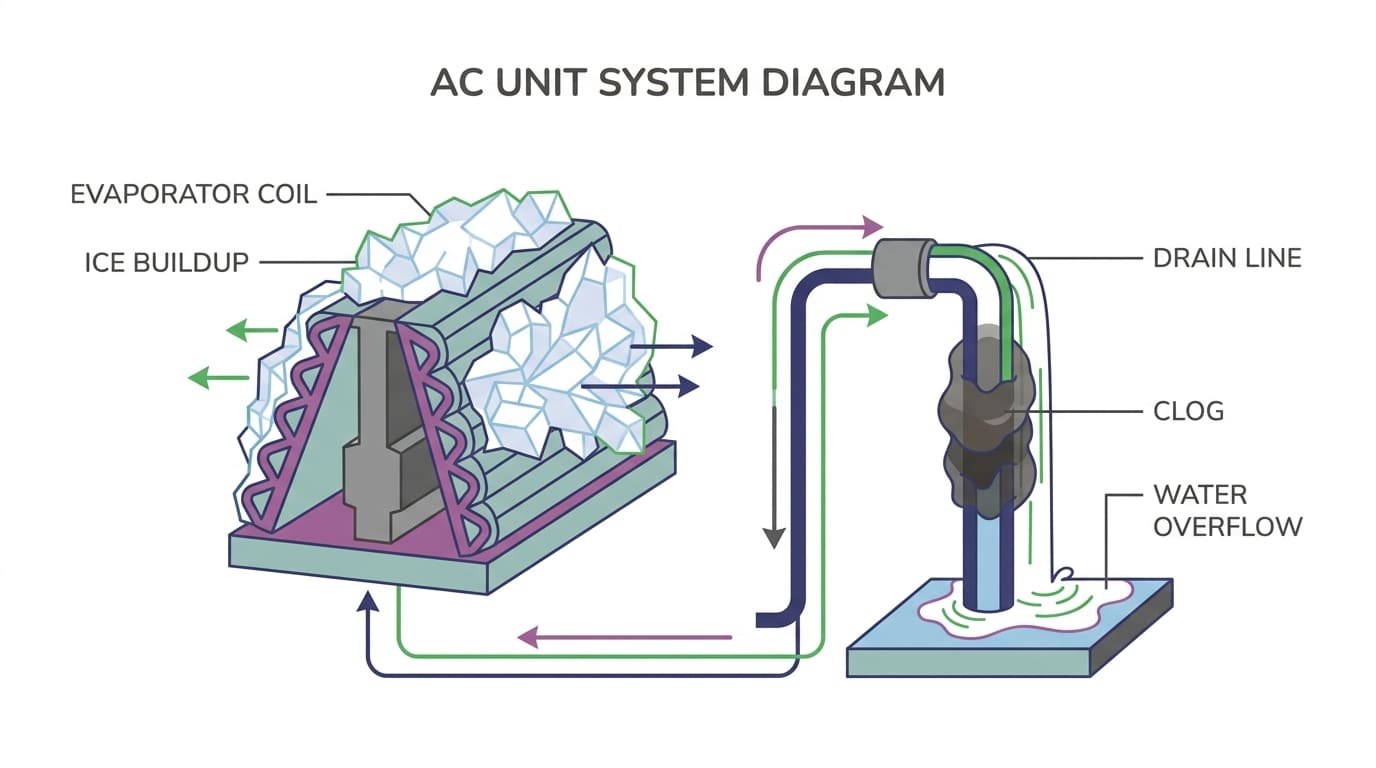 Diagram showing AC evaporator coil with ice buildup and clogged condensate drain line