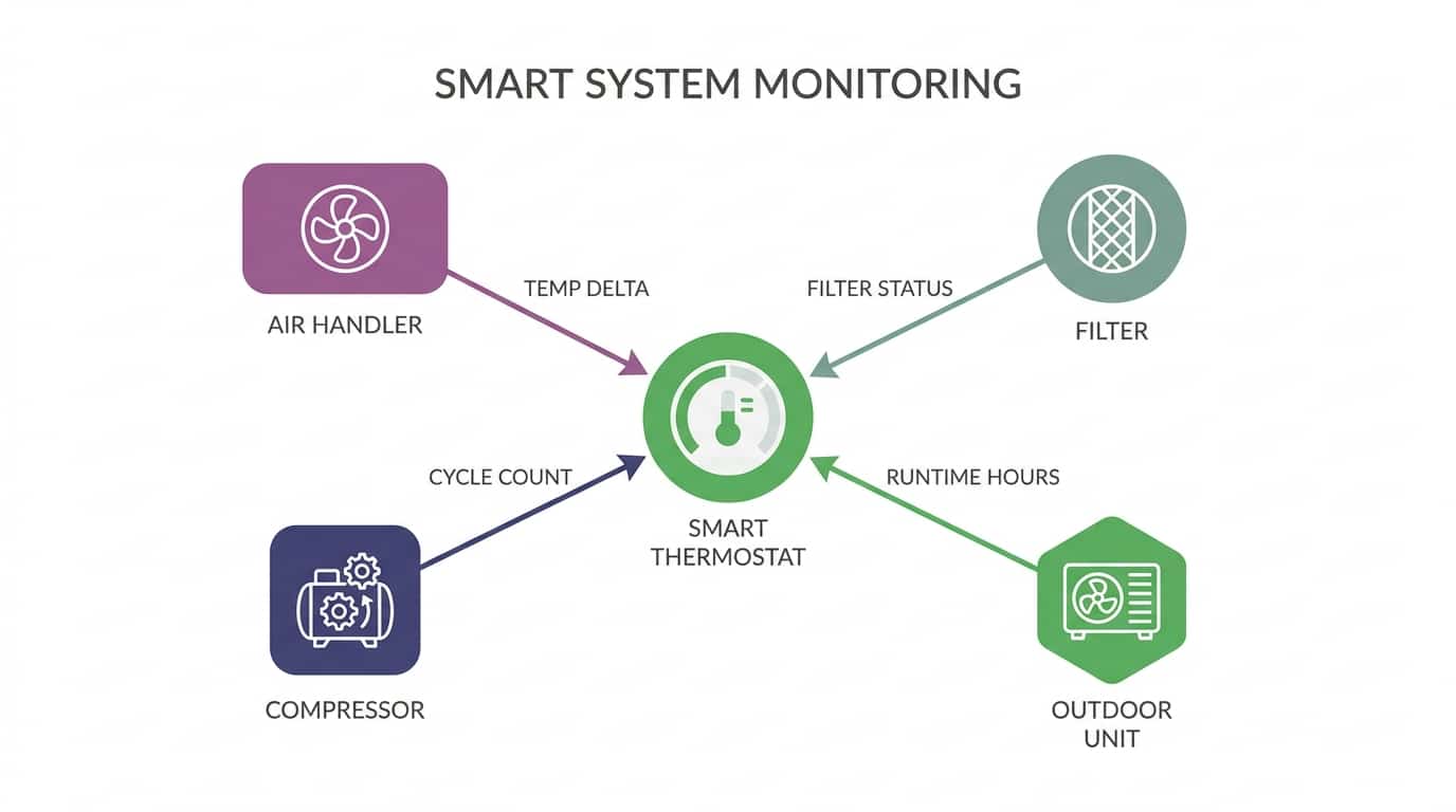 Diagram of smart thermostat monitoring HVAC system health