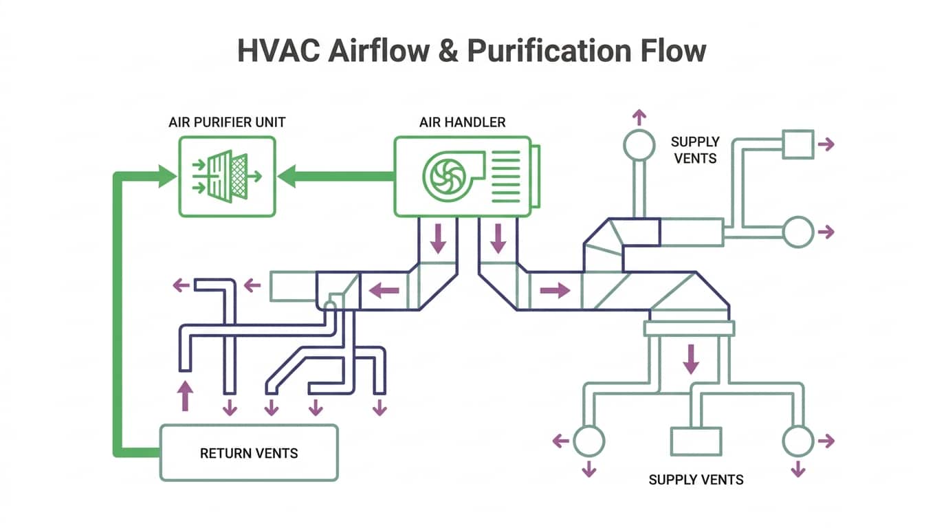 A technical diagram showing how a whole-home air purifier integrates with an HVAC system: air handler, filter unit, and ductwork