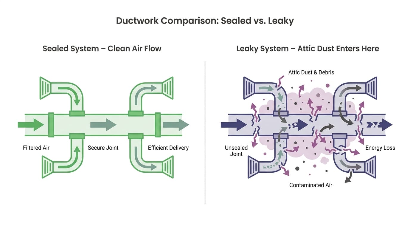 Diagram showing sealed versus leaky ductwork with arrows indicating dust infiltration points
