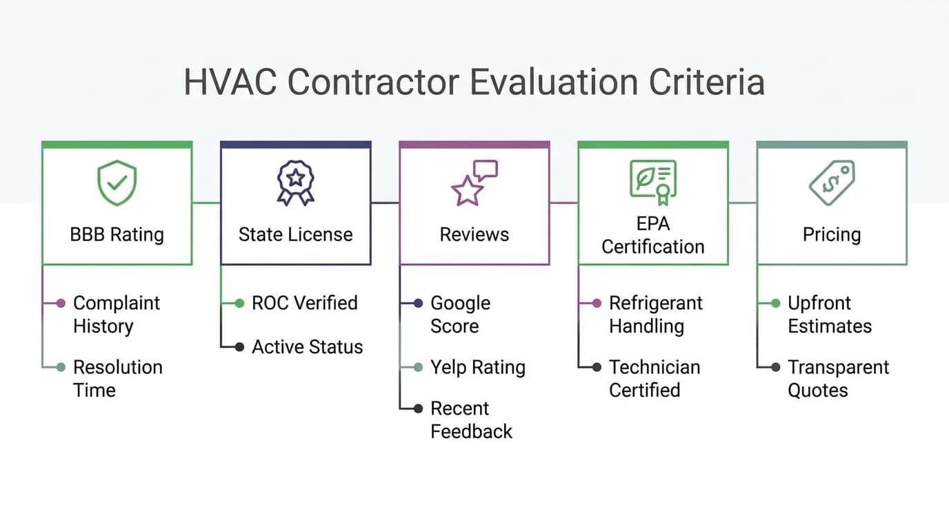 Checklist diagram showing HVAC contractor vetting criteria: BBB rating, licensing, reviews, certifications, pricing transparency