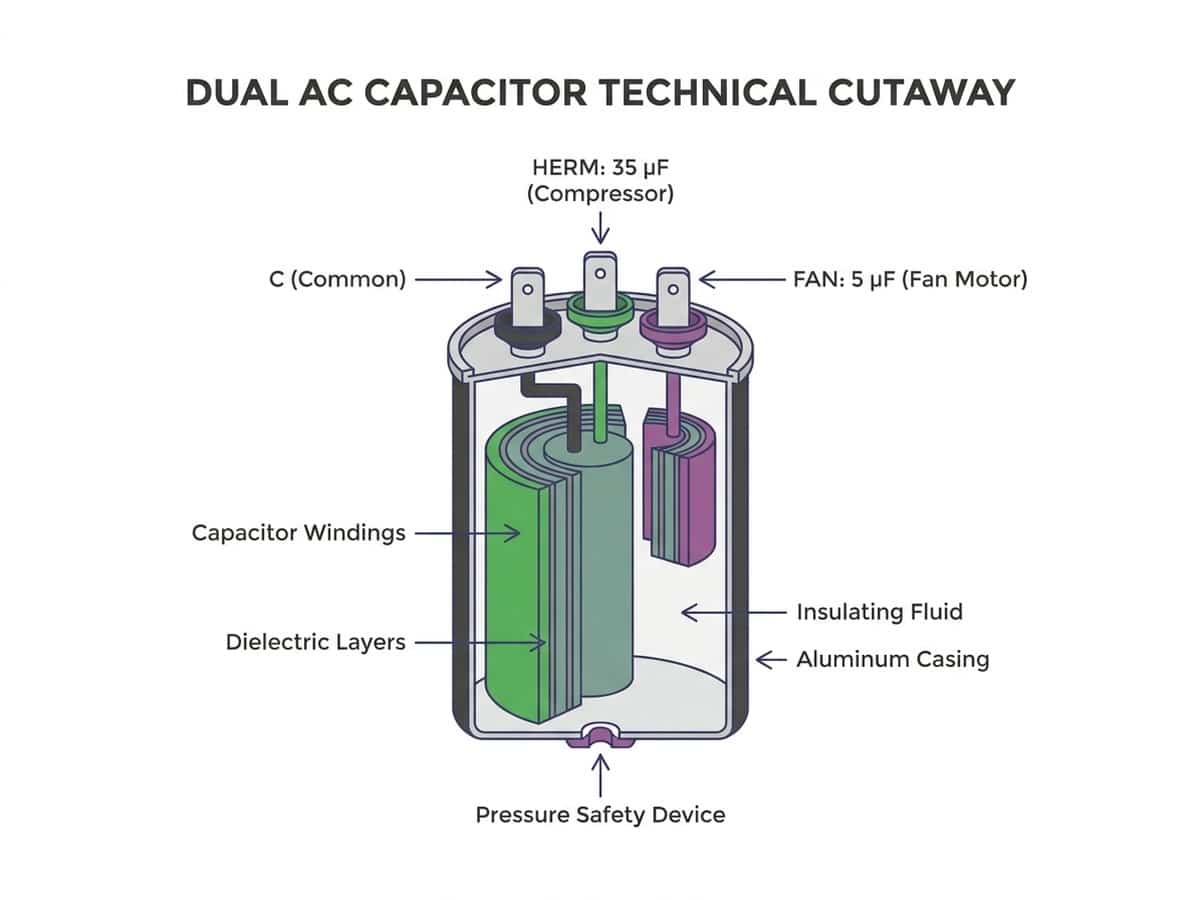 Diagram: cutaway view of a dual AC capacitor showing internal construction, terminals labeled for compressor, fan, and common, with microfarad ratings