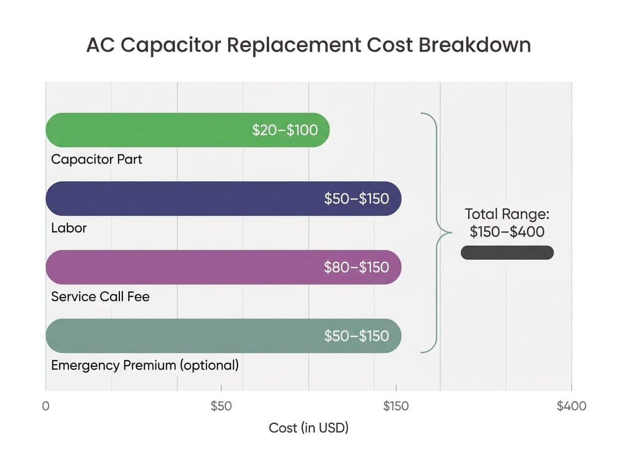 Bar chart comparing AC capacitor replacement costs: part cost, labor, service call fee, emergency premium, showing typical range $150–$400