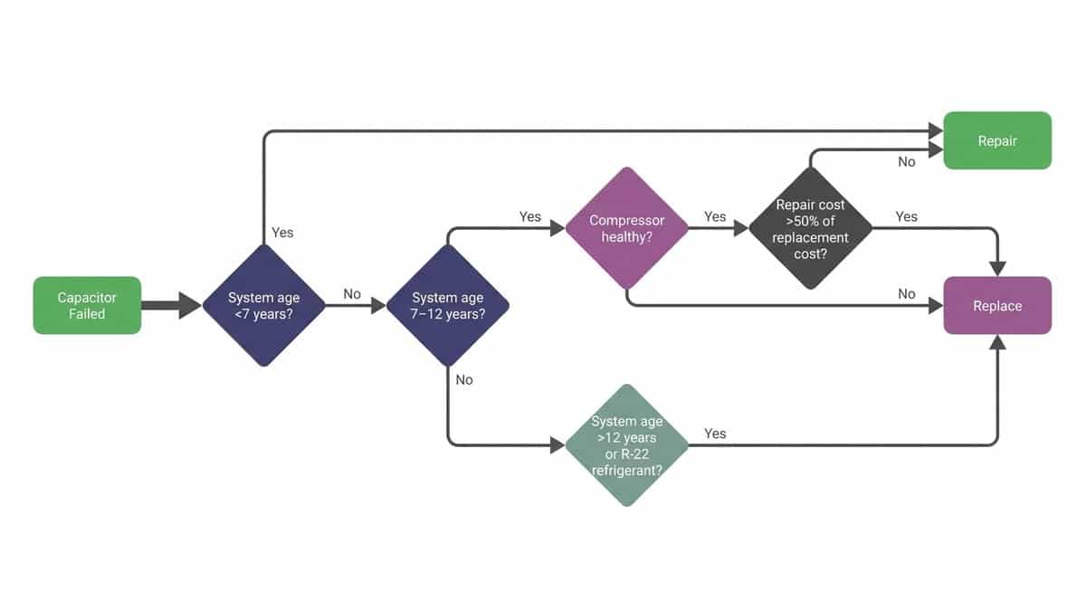 Flowchart: decision tree for repair vs. replace based on system age, repair cost, compressor health, and R-22 status