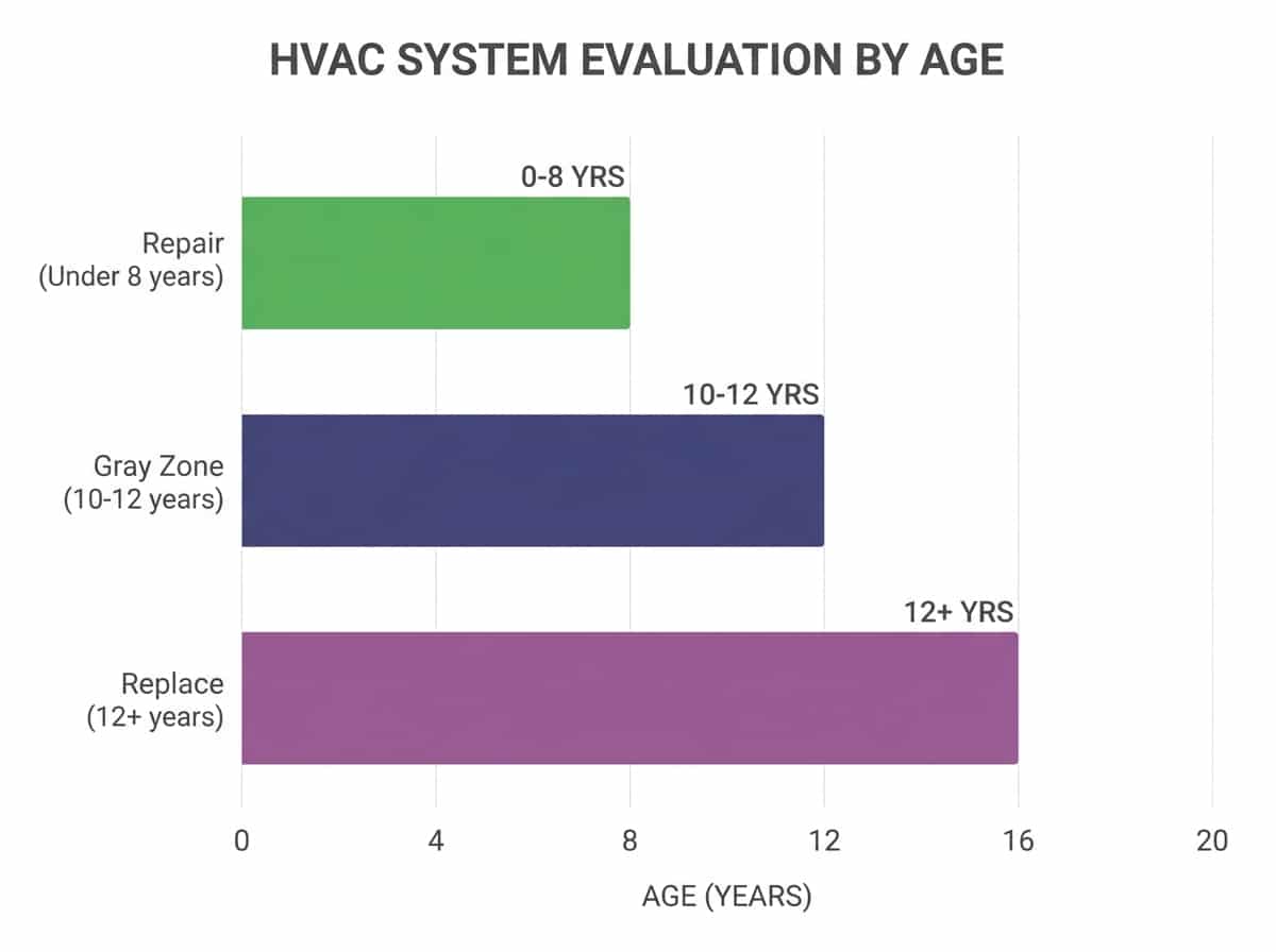 Bar chart comparing AC system age in years against recommended action, showing repair zone under 8 years, gray zone 10-12 years, replace zone 12+ years